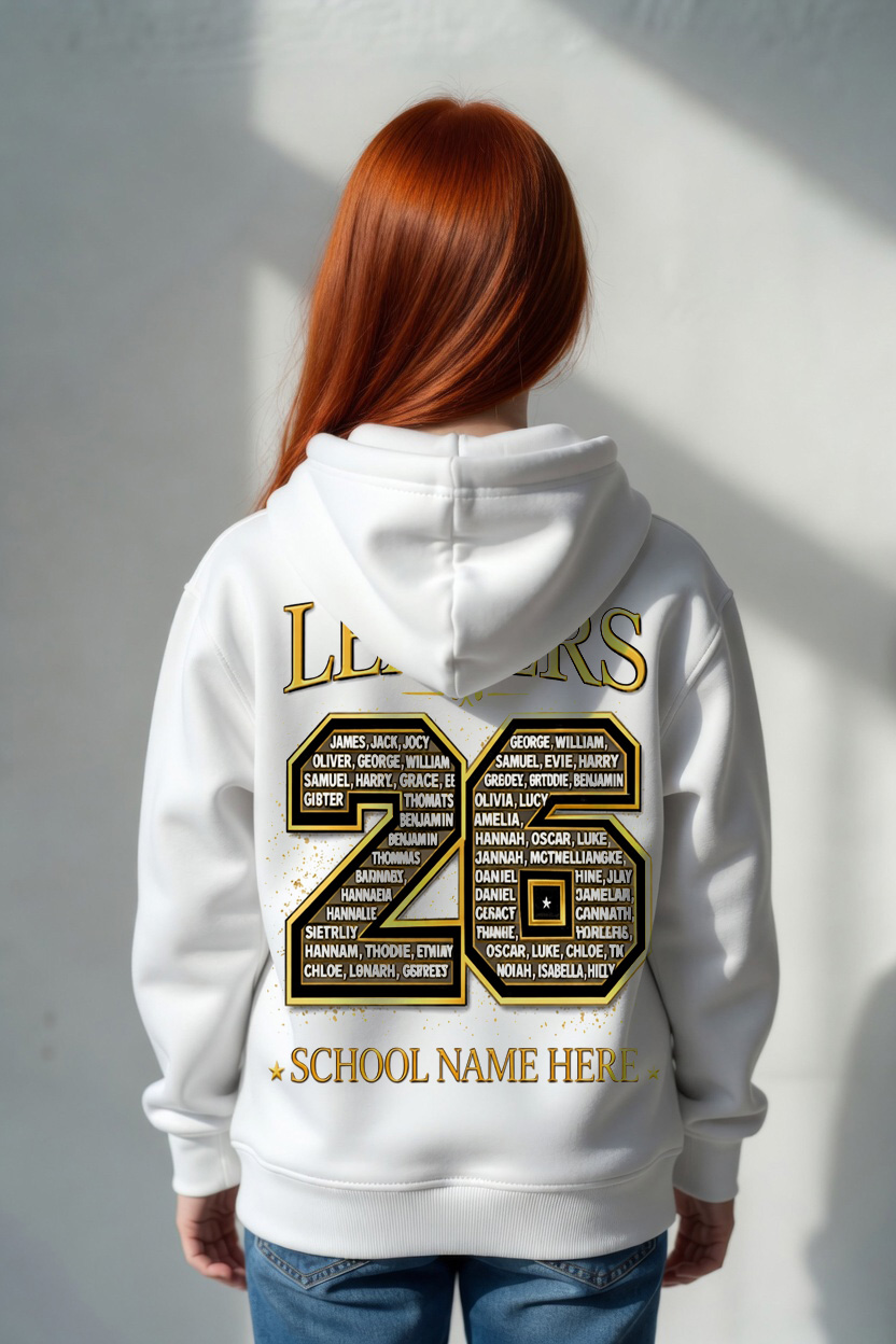Leavers 26 - Gold on White on hoodie